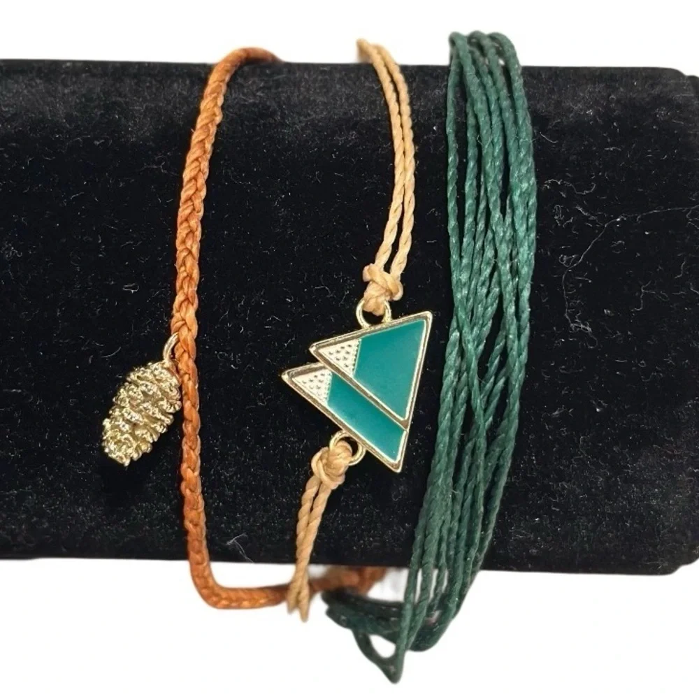 Pura Vida Bracelet Bundle Combo Set of 3. Mountain & Acorn Charms, Woven Green - Picture 2 of 12